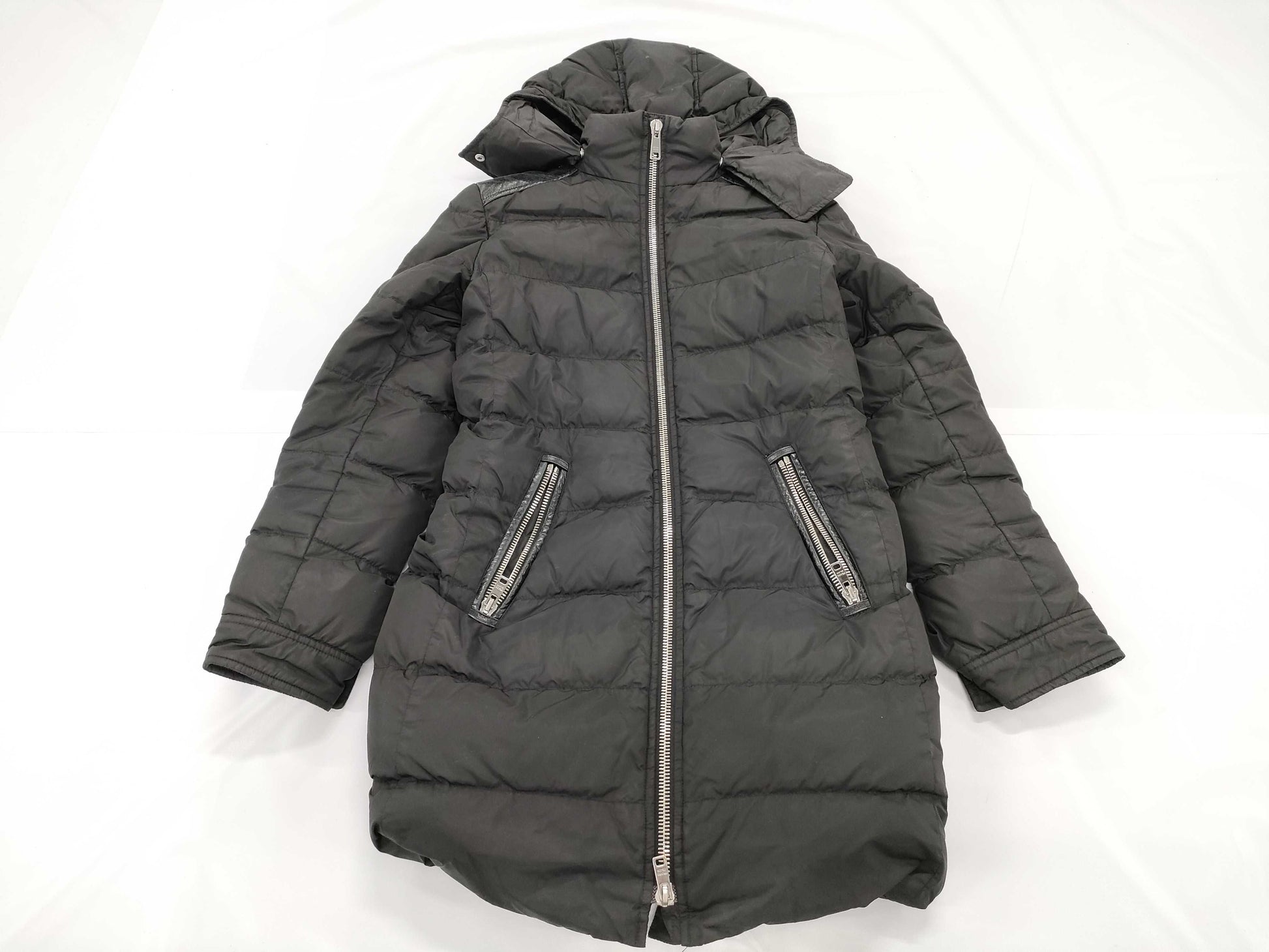 PRADA Premium Leather Tag, Premium Line, Fur Lining, Black Triangle Logo Plate, Down Coat, Black, Prada, Size 38S