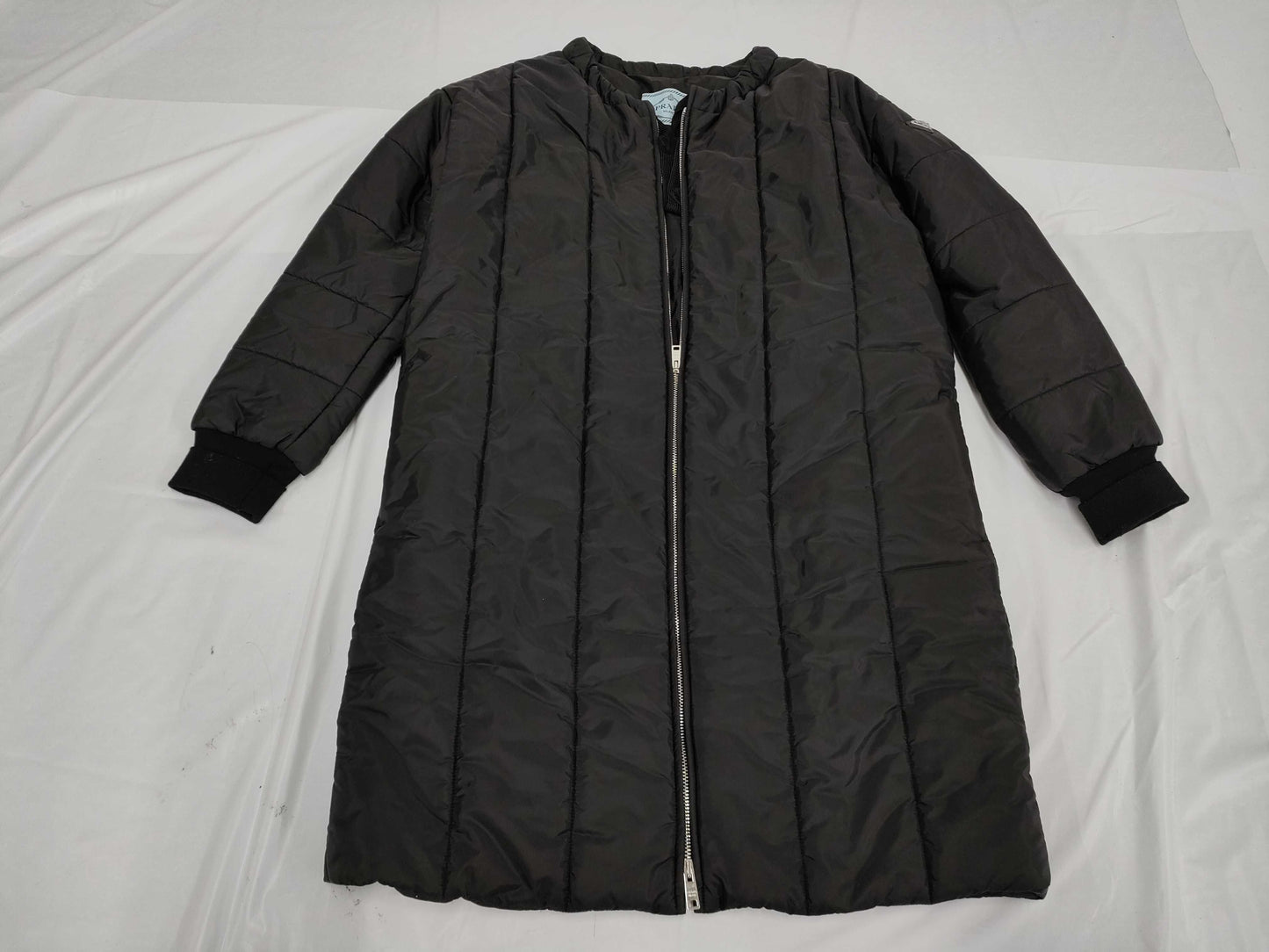 PRADA Triangle Logo Plate Collarless Down Coat, Black, Collarless, Long, Size 40