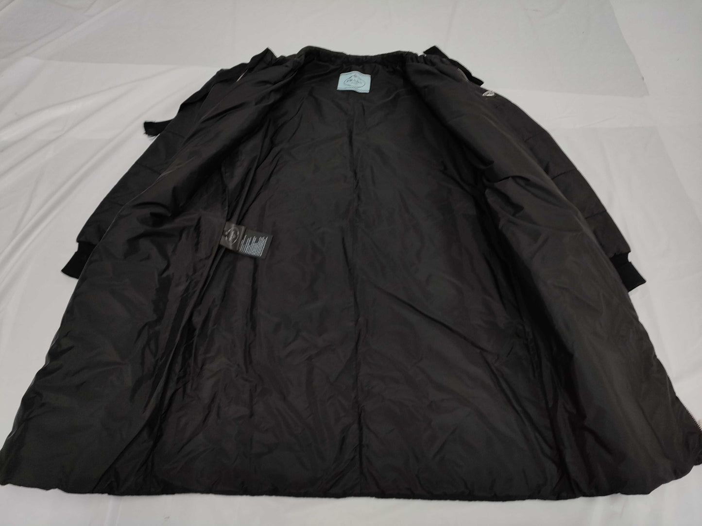 PRADA Triangle Logo Plate Collarless Down Coat, Black, Collarless, Long, Size 40