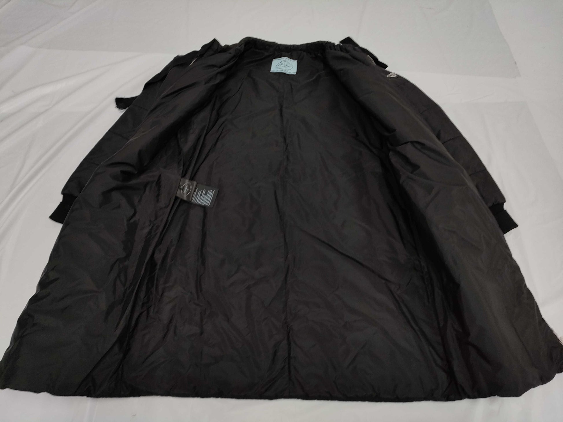 PRADA Triangle Logo Plate Collarless Down Coat, Black, Collarless, Long, Size 40