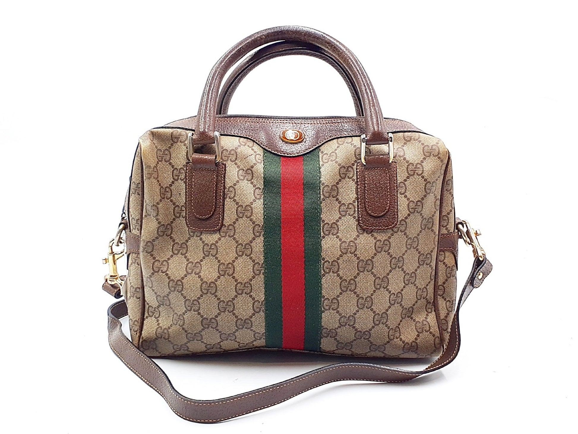 GUCCI 2-way Strap GG Supreme Sherry Line Gold Hardware Leather Hand Hand Pouch