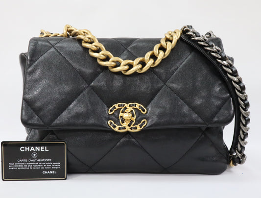 CHANEL CHANEL 19 Maxi Lambskin Chain Shoulder Bag Black Gold x Silver Fittings 29th Series AS1162 Shoulder Bag