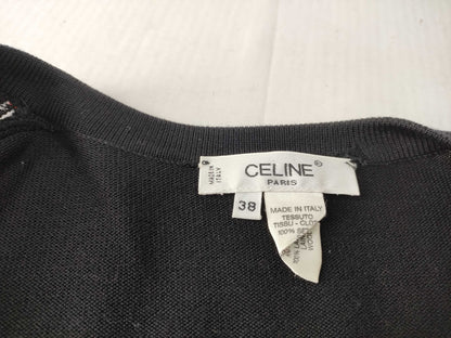 CELINE CELINE Penguin Silk Knit Switch Logo Gold Button Black Knit Cardigan Top
