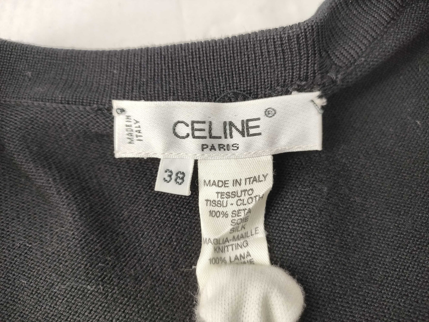 CELINE CELINE Penguin Silk Knit Switch Logo Gold Button Black Knit Cardigan Top