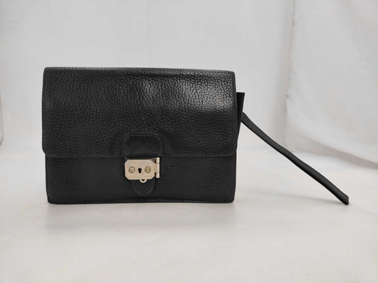 HERMES Leather Clutch Bag Black Silver Fittings Men's Clutch Bag
