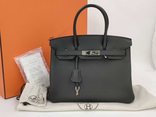 HERMES Birkin 30 Black Silver Fittings □R Engraved Topo