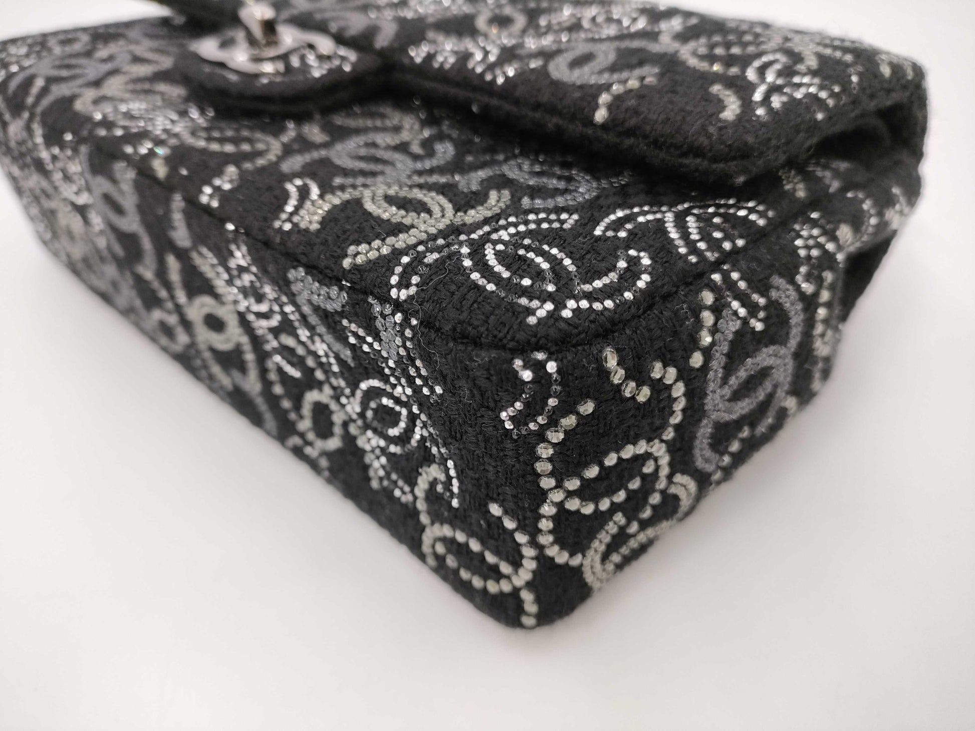 CHANEL Double Flap Chain 25 Fabric x Rhinestone Black 13th Shoulder Bag