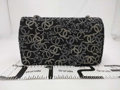 CHANEL Double Flap Chain 25 Fabric x Rhinestone Black 13th Shoulder Bag