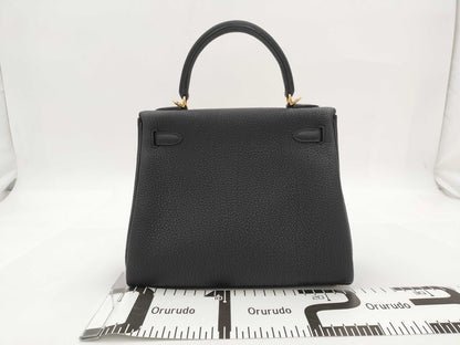 HERMES Kelly 25 Togo Black GP Gold Hardware K-Engraved Tobag