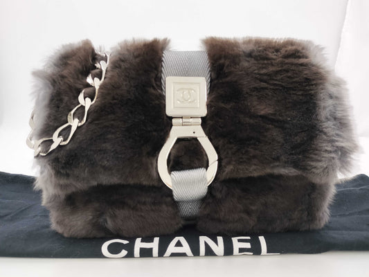 CHANEL Sportline Chain Shoulder Fur Nylon Grey SS Shoulder Bag
