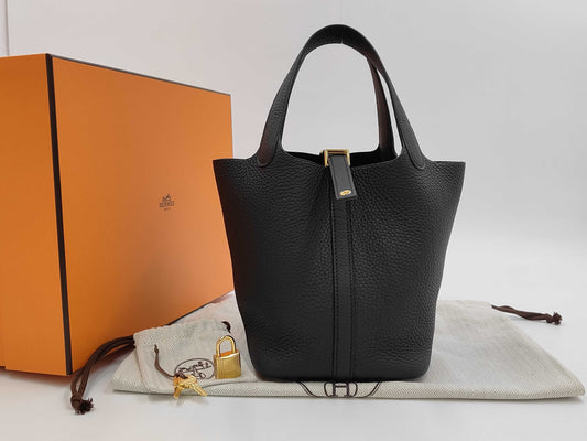 HERMES Picotan Lock 18 PM Black Black Gold Hardware K-Engraved Topo