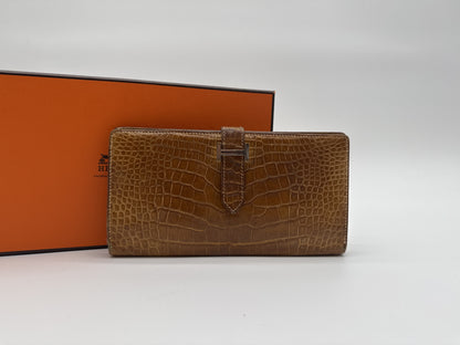 HERMES HERMES Long Wallet Bi-Fold Alligator Crocodile Beance Souffle Pouch