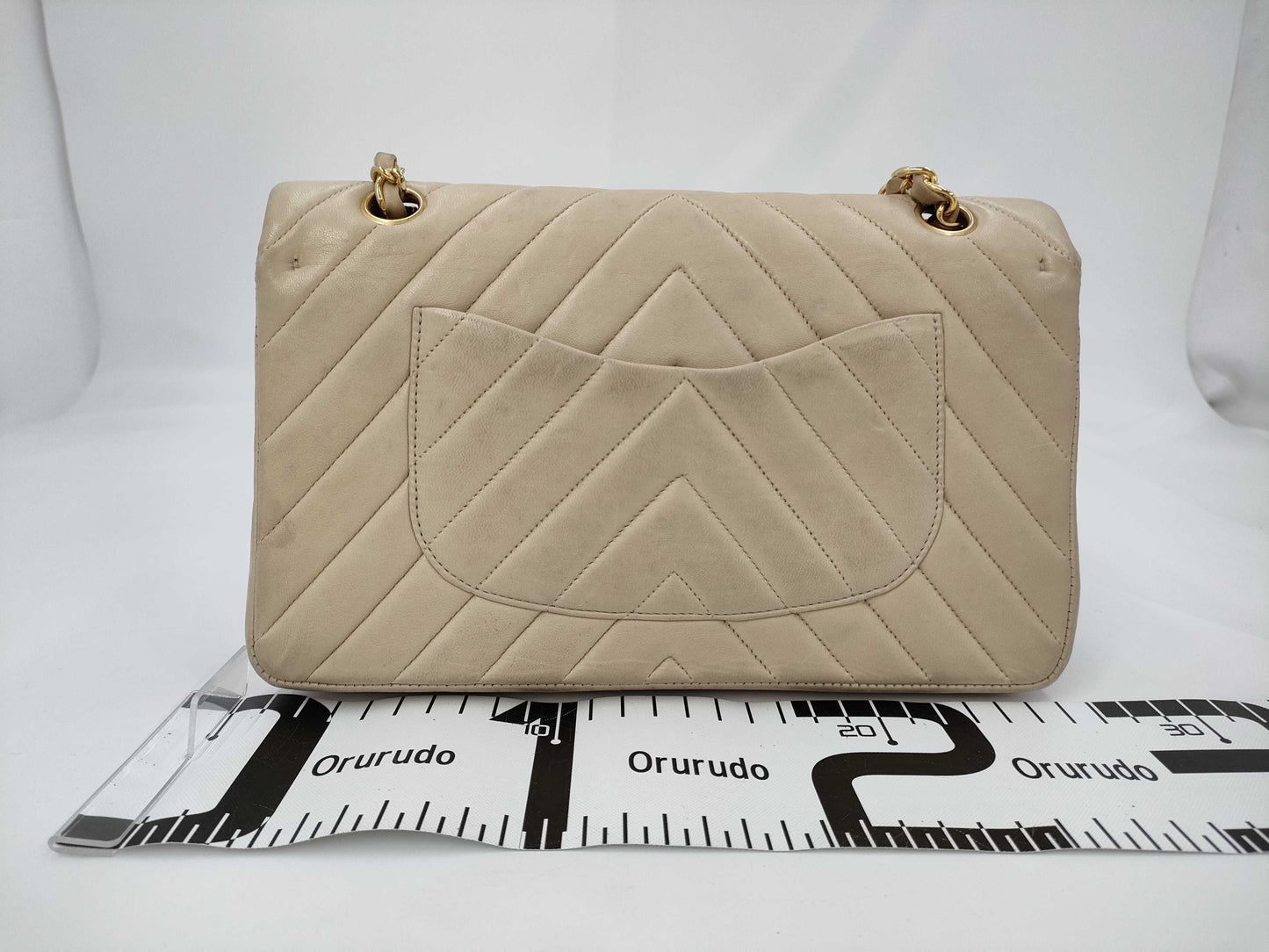 CHANEL Lambskin Double Flap V-Stitch Beige Chain Shoulder Bag