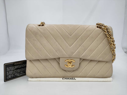 CHANEL Lambskin Double Flap V-Stitch Beige Chain Shoulder Bag