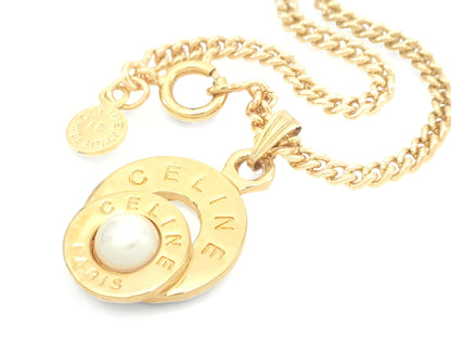 CELINE CELINE Gold Color Double Ring Fake Pearl Pendant Necklace 18.5g Necklace