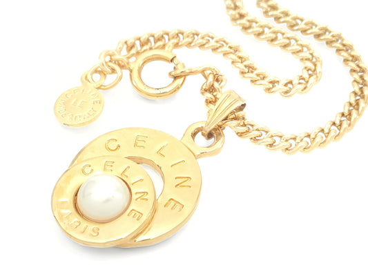 CELINE CELINE Gold Color Double Ring Fake Pearl Pendant Necklace 18.5g Necklace