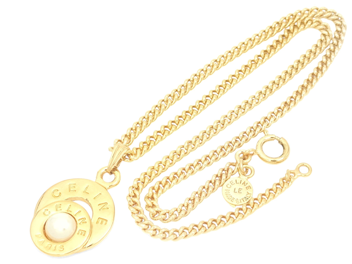 CELINE CELINE Gold Color Double Ring Fake Pearl Pendant Necklace 18.5g Necklace