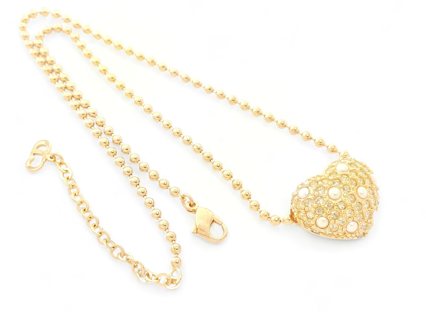 Dior Christian Dior, Gold Color, Large, Faux Pearls & Rhinestones, Heart Design, Pendant, Necklace, 14g Necklace