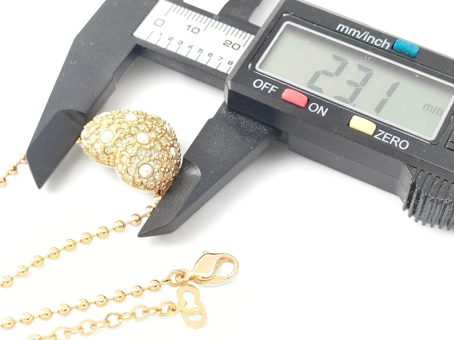 Dior Christian Dior, Gold Color, Large, Faux Pearls & Rhinestones, Heart Design, Pendant, Necklace, 14g Necklace