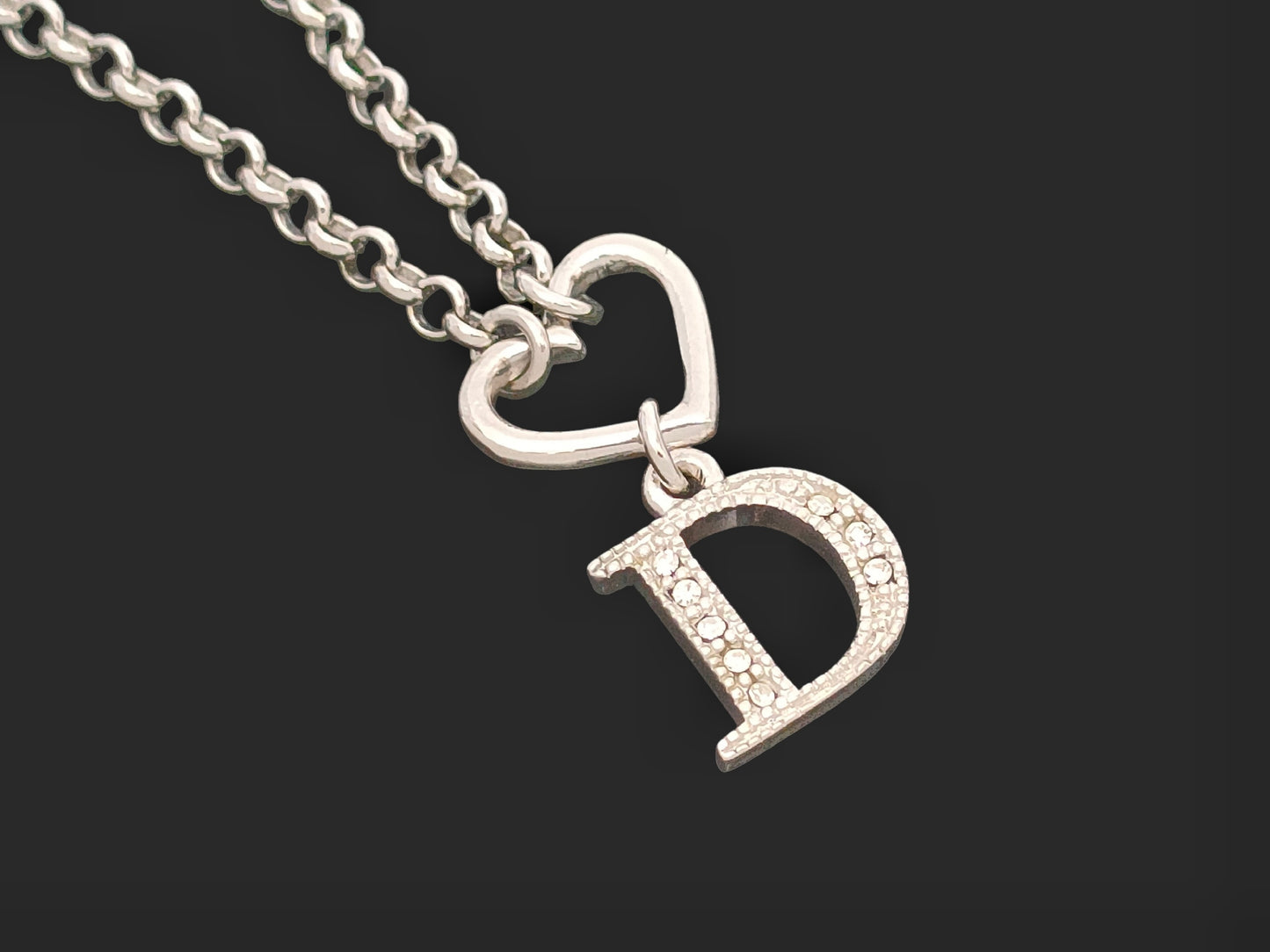 Dior Dior Silver Color Heart & Rhinestones Logo Necklace 6.2g Necklace