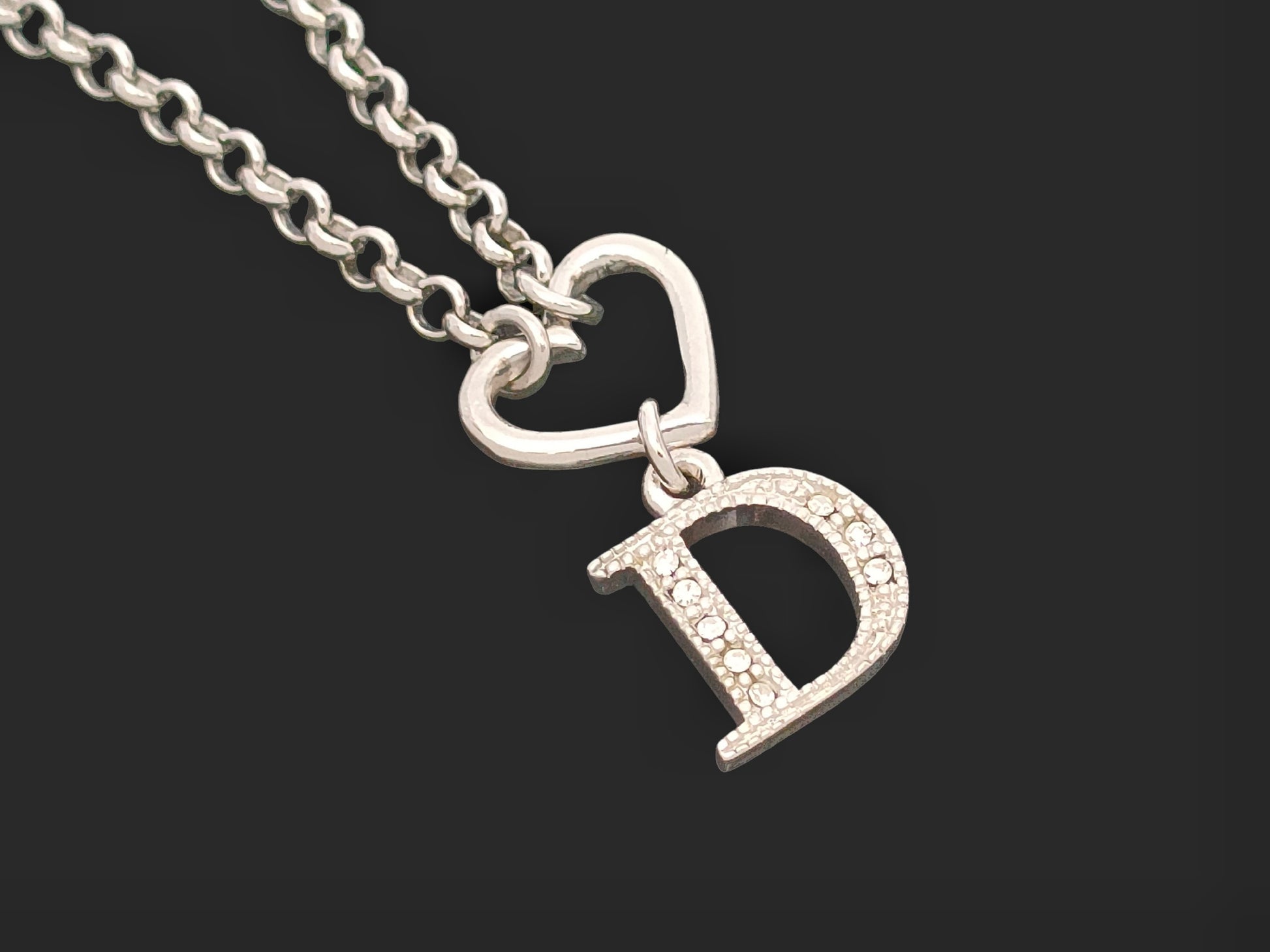 Dior Dior Silver Color Heart & Rhinestones Logo Necklace 6.2g Necklace