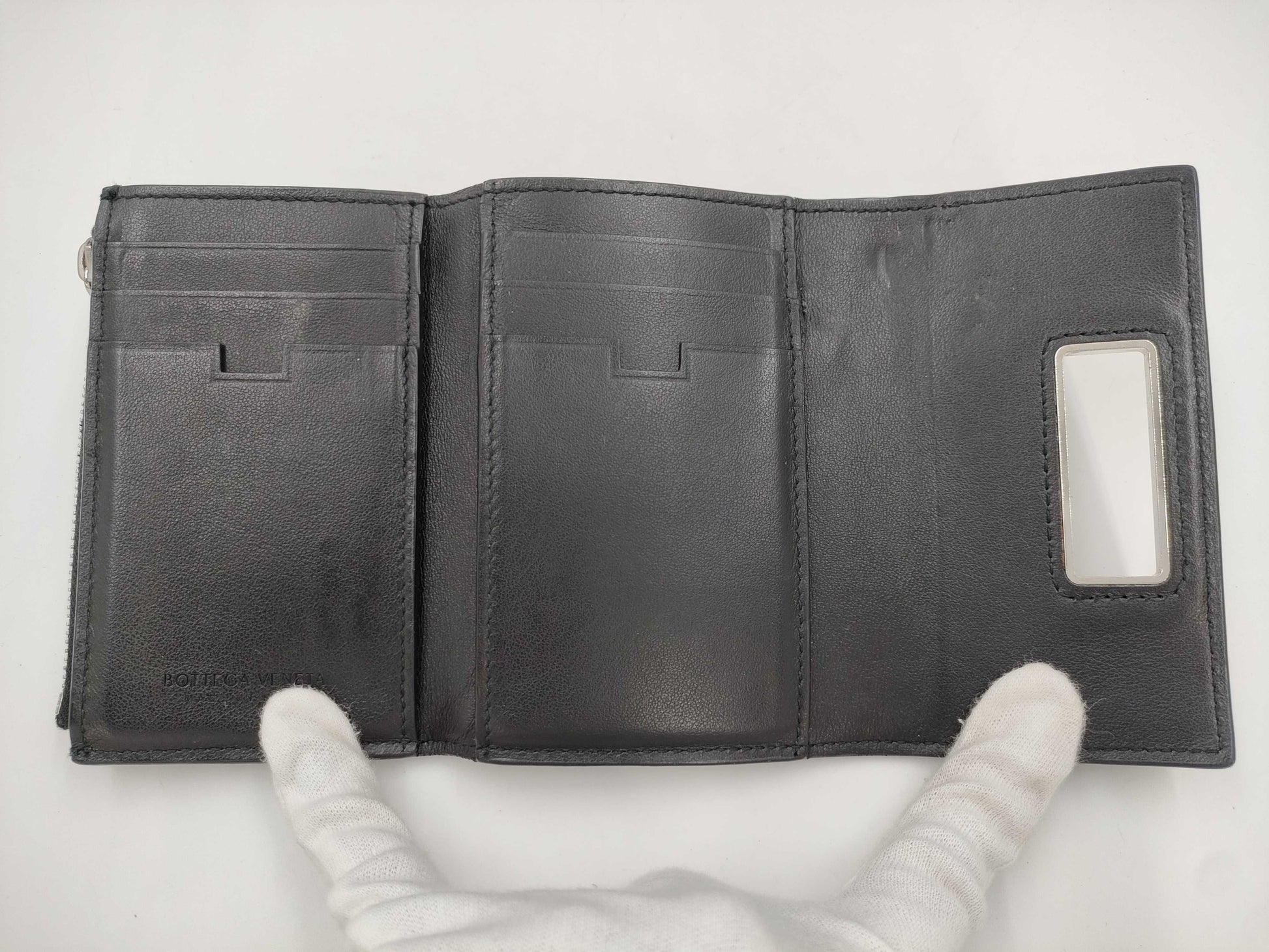 BOTTEGA VENETA Tri-Fold Wallet Goat Skin RFID Tag Black Wallet