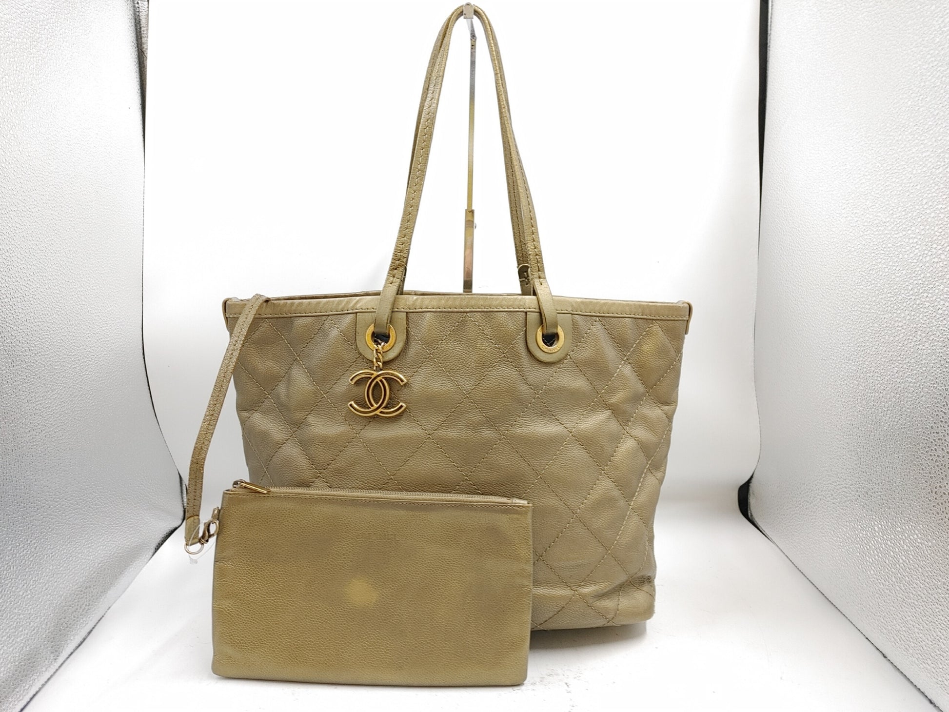 CHANEL Matlasse Pouch with Coco Charm Caviar Skin Bronze Tote Bag