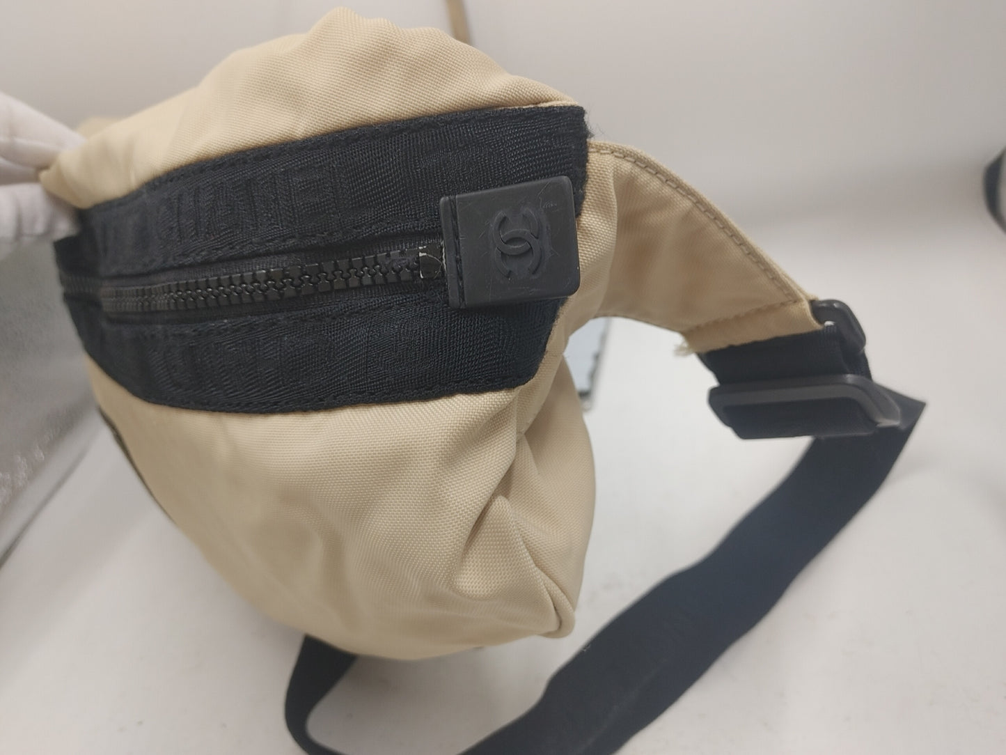 CHANEL Sportline Coco Mark Seal Mark Nylon Off-White x Black Waist Bag