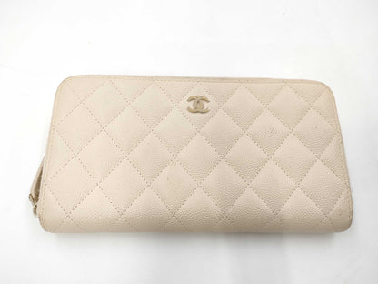 CHANEL Mattrasse Round Zip Long Wallet Caviskin Beige Wallet