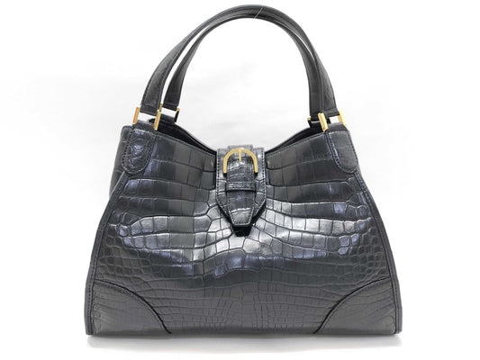 JRA Certified LEATHER JEWELS Crystal Reptiles Leather Jewels Crocodile Tote Bag Black Model T Tote Bag