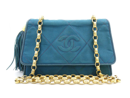 CHANEL Matlasse Satin Coco Mark Fringe Chain Shoulder Bag