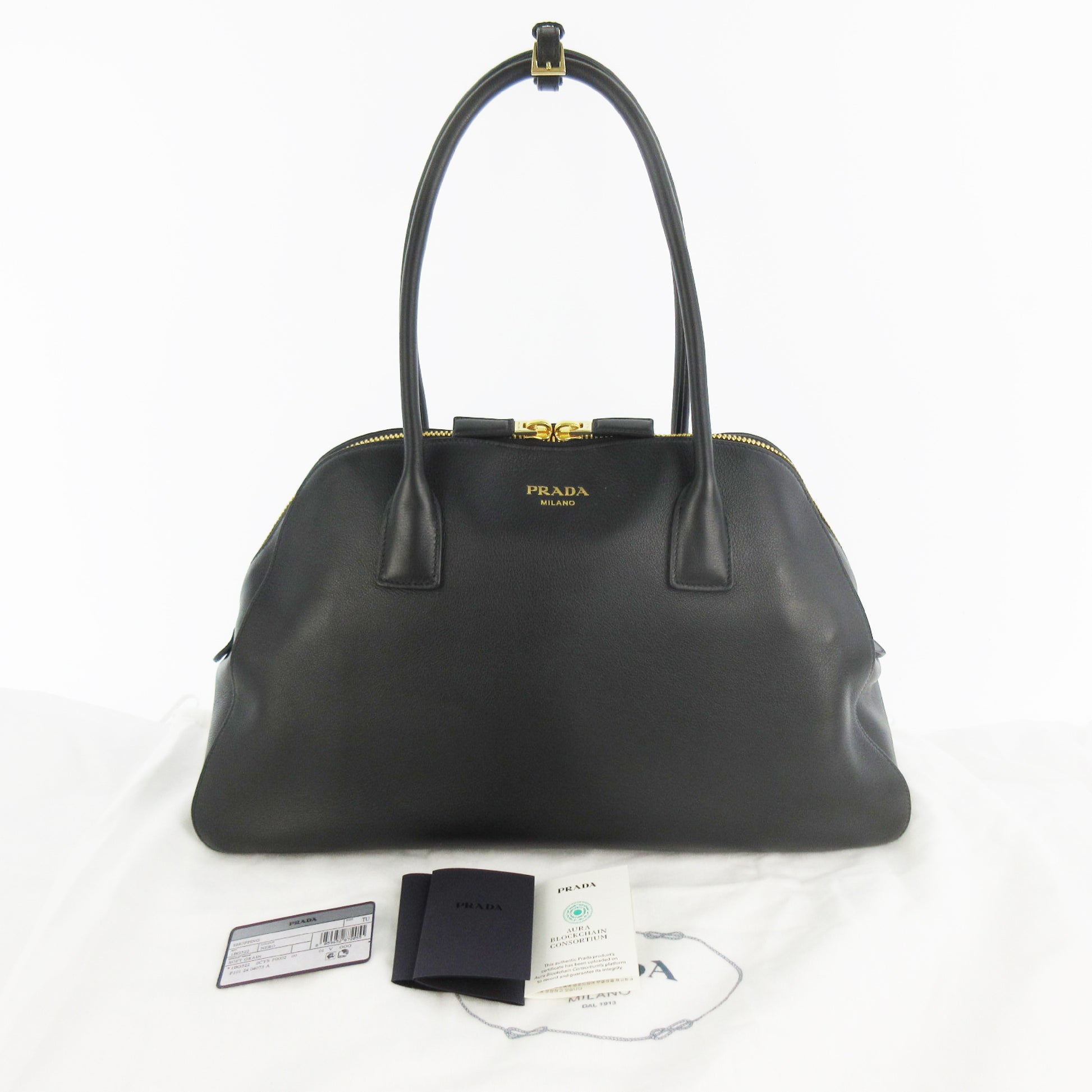 PRADA Soft Grain Leather Tote Bag 1BG522_2CYS_F0002_V_OOO Black Black Gold Fittings RFID Tag Tote Bag