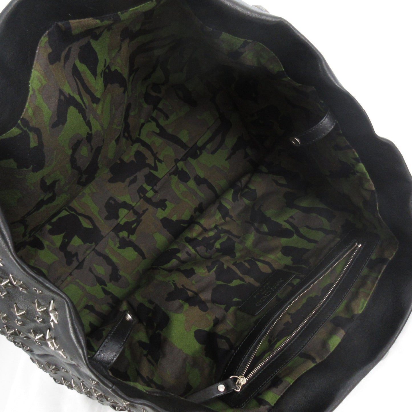 JIMMY CHOO PIMLICO Star Studs Black Black Silver Hardware Inner Camouflage Camouflage Leather Horizontal 40cm Tote Bag