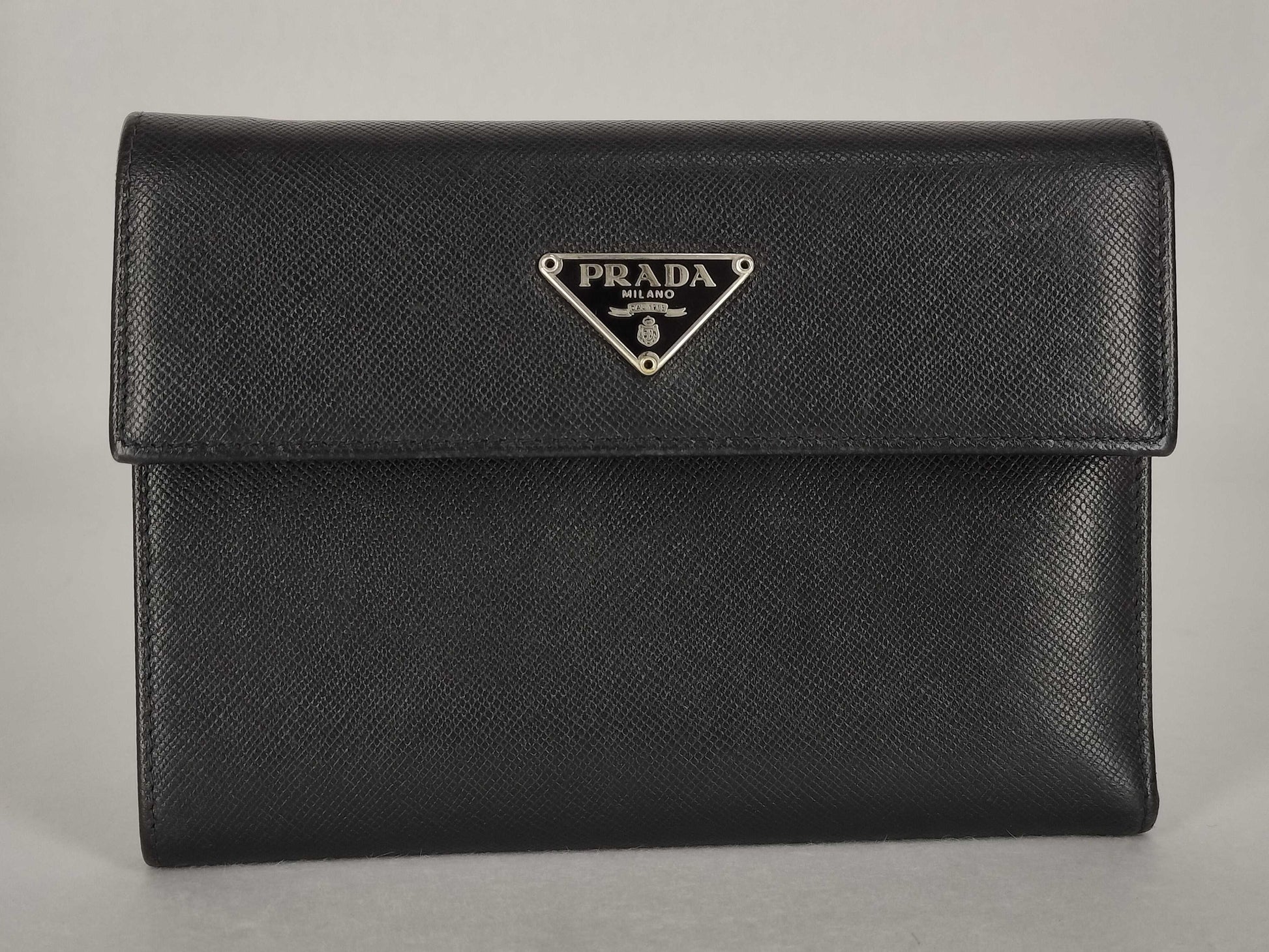 PRADA Wallet Tri-Fold Triangle Logo Leather Black Wallet