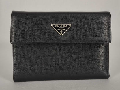 PRADA Wallet Tri-Fold Triangle Logo Leather Black Wallet