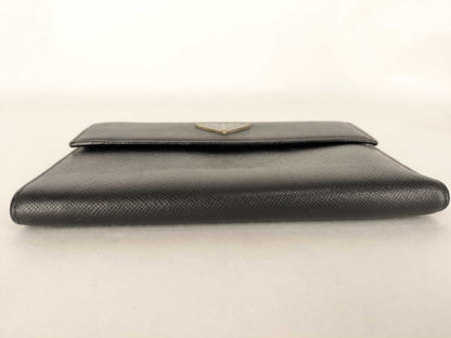 PRADA Wallet Tri-Fold Triangle Logo Leather Black Wallet