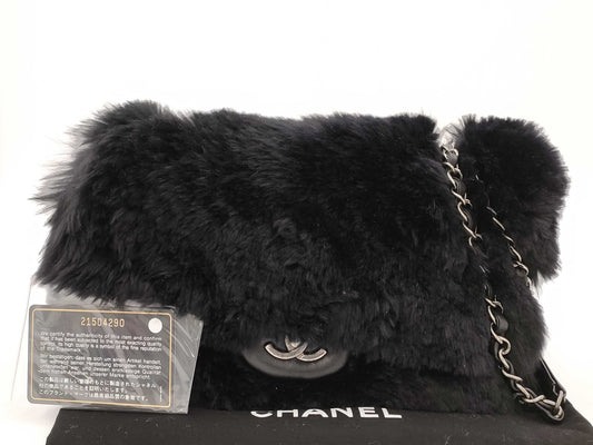 CHANEL Black Lamb Skin Fur Single Flap Shoulder Bag 21st Shoulder Bag