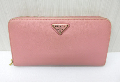 PRADA Prada Saffiano Leather Triangle Plate Pink Round Long Wallet Wallet