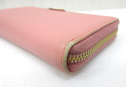 PRADA Prada Saffiano Leather Triangle Plate Pink Round Long Wallet Wallet