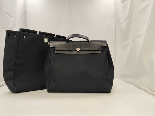 HERMES Ale Bag MM Toile Officier/Leather Black □D Engraved Shoulder Bag with Replacement Bag