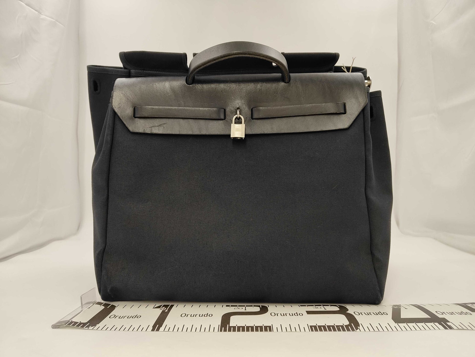 HERMES Ale Bag MM Toile Officier/Leather Black □D Engraved Shoulder Bag with Replacement Bag