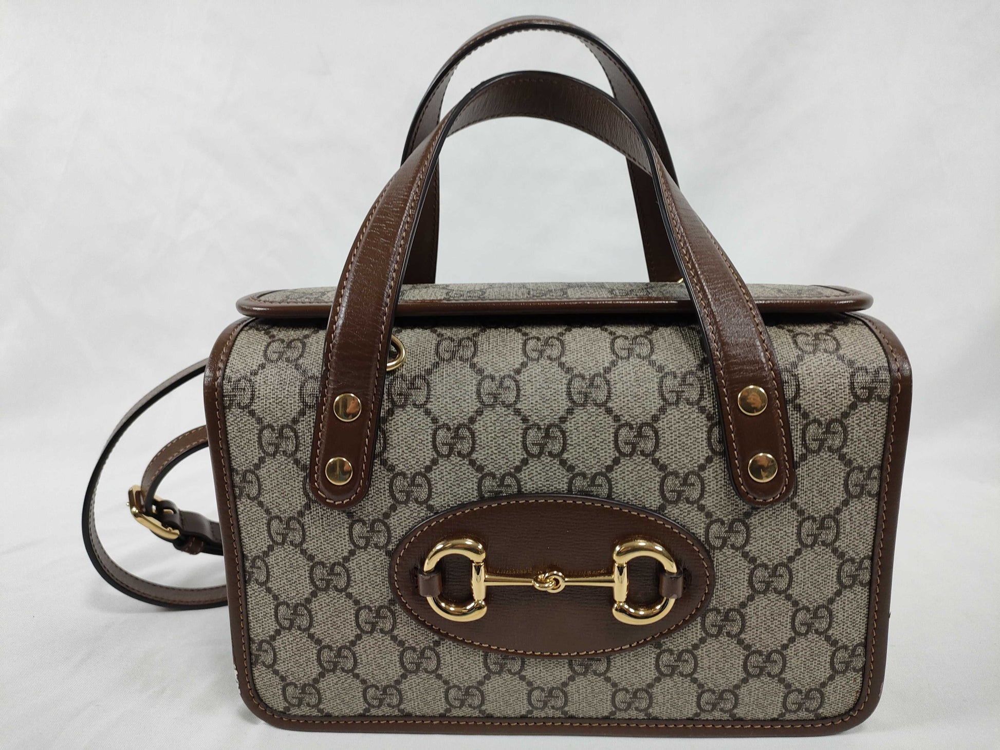GUCCI GG GUCCI Horsebit 1955 Handbag 645453 Beige x Dark Brown x Brown GG Supreme Canvas x Leather Topouch