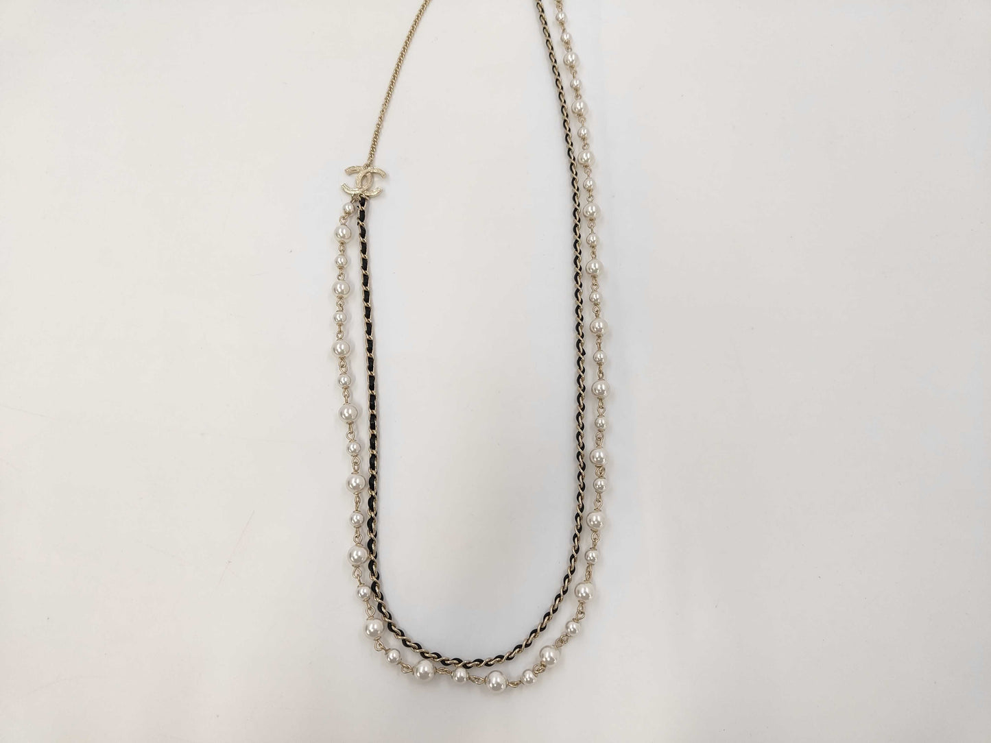 CHANEL CHANEL Necklace Silver x Black x Ivory Leather x Faux Pearl B21B Long Necklace/2 Necklace