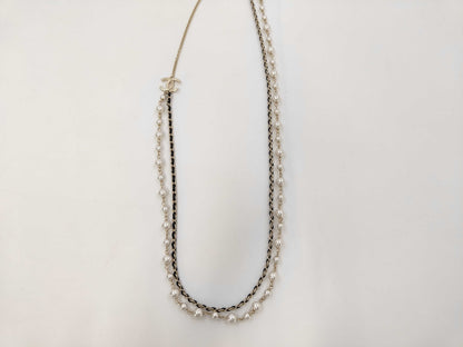 CHANEL CHANEL Necklace Silver x Black x Ivory Leather x Faux Pearl B21B Long Necklace/2 Necklace