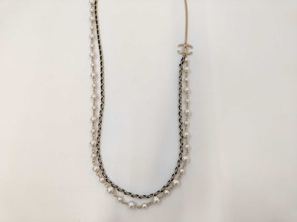 CHANEL CHANEL Necklace Silver x Black x Ivory Leather x Faux Pearl B21B Long Necklace/2 Necklace