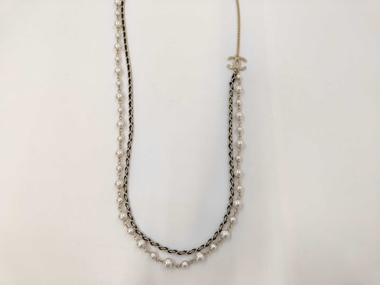 CHANEL CHANEL Necklace Silver x Black x Ivory Leather x Faux Pearl B21B Long Necklace/2 Necklace