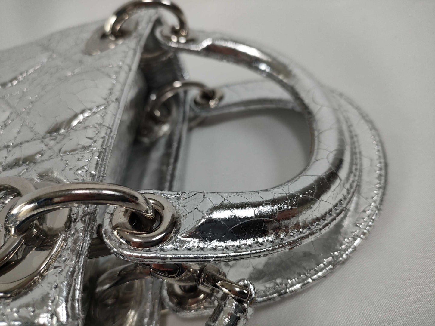 Dior Lady Dior DIOR/Christian Dior Lady Dior Micro Bag Handbag Silver Enamel Leather Handbag