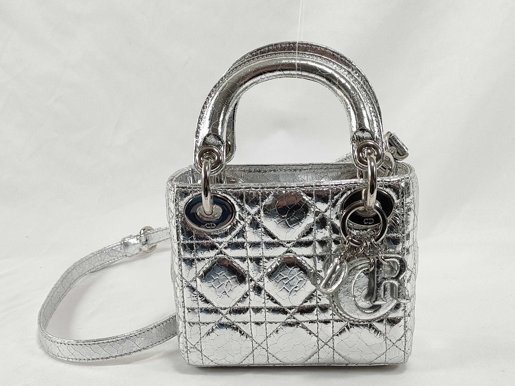 Dior Lady Dior DIOR/Christian Dior Lady Dior Micro Bag Handbag Silver Enamel Leather Handbag