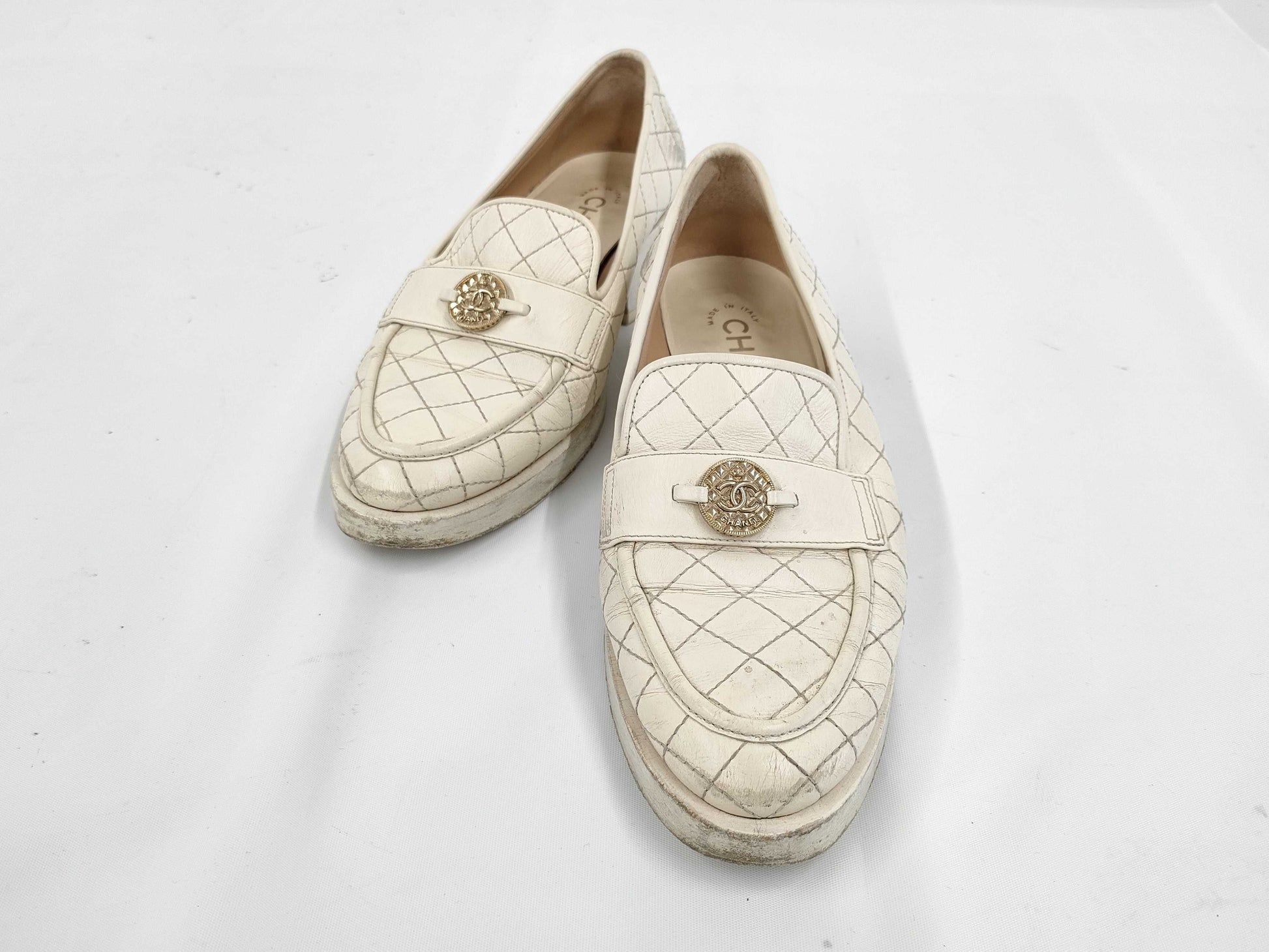 CHANEL Leather Matlassse Loafers White 36 Loafers