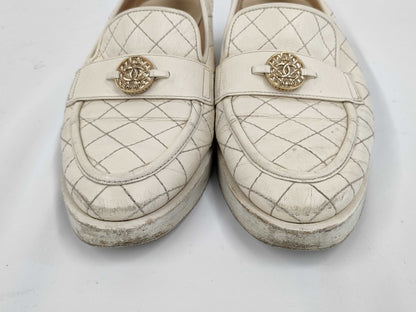 CHANEL Leather Matlassse Loafers White 36 Loafers